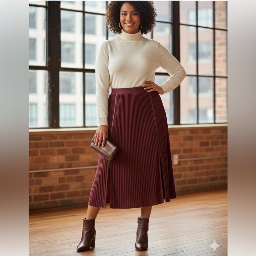 Marc New York Burgundy Pleated Pencil Midi Skirt with Front Slit NWT